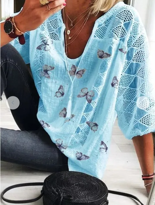 

Large Size Loose Women Blouse 2021 Summer V-neck Ladies Shirts Tops Fashion Casual Hollow Five-point Sleeve Women Blouses