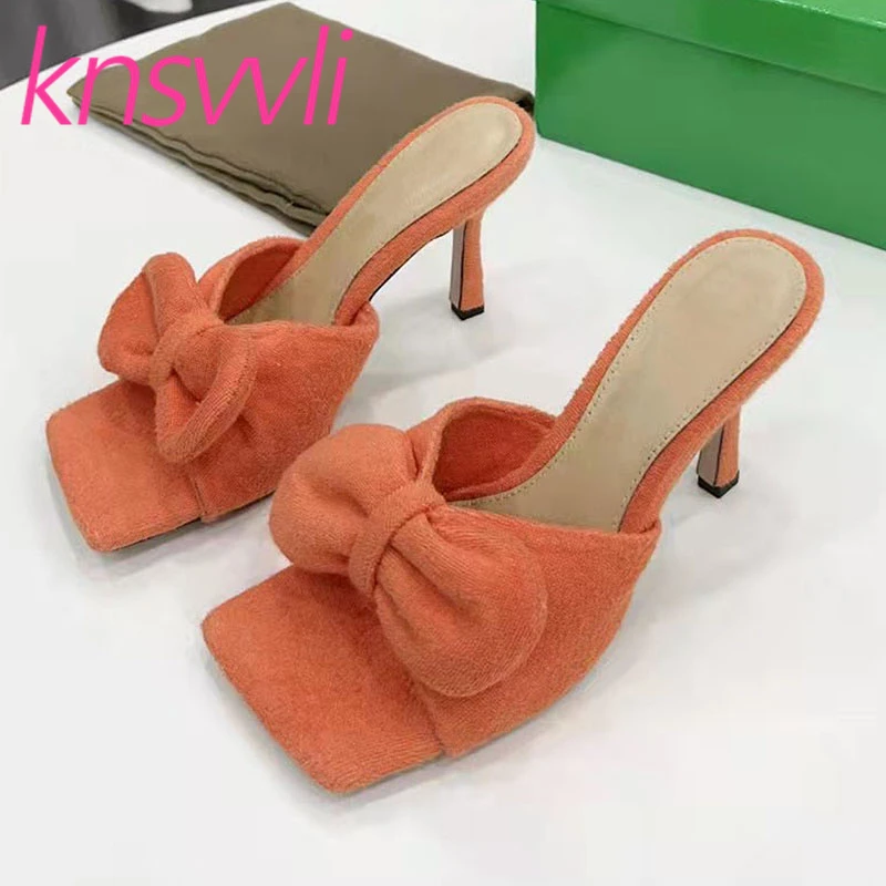 

Sweet Bowknot High Heels Slippers Women Furry Slides Woman Square Peep Toe Mules Shoes Women Sandals Thin Heels Slippers Woman