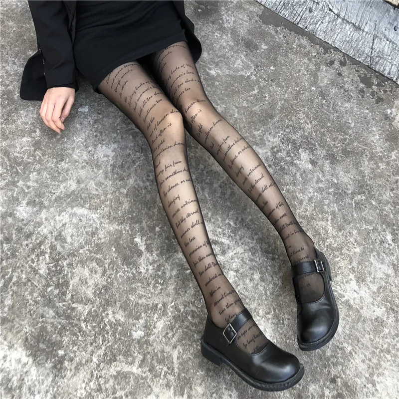 

English Letters Black Stockings Thin Panty Socks Black Ins Nightclub Hot Girl Fashion Stockings JK Black Silk Socks Female