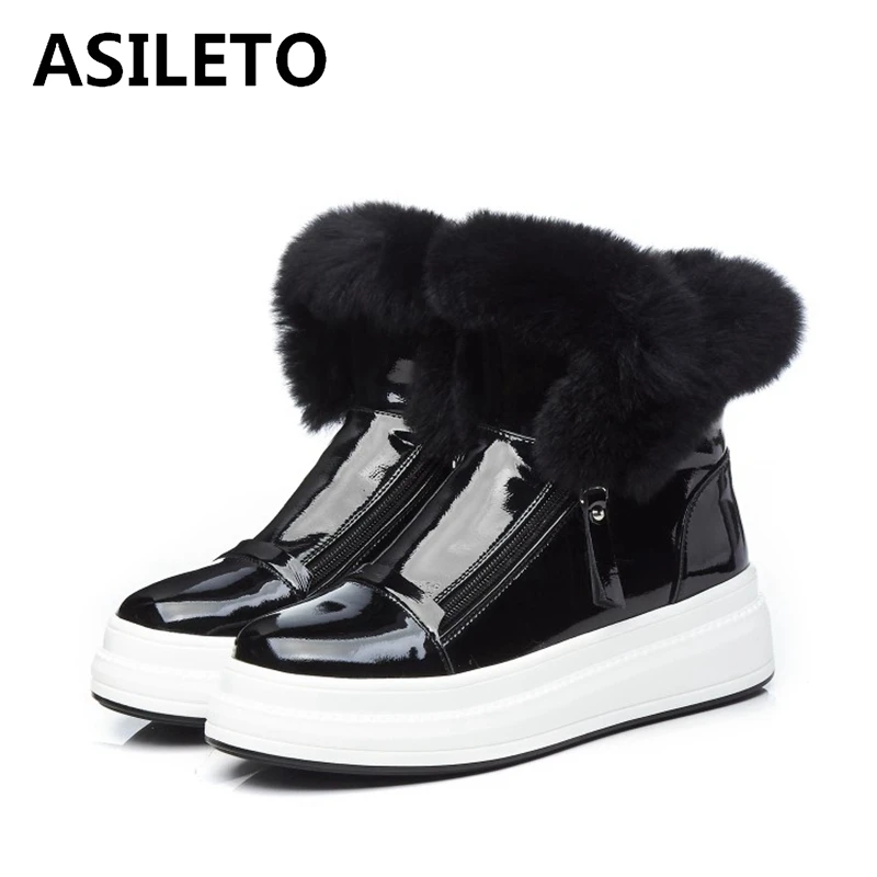 

Сапоги ASILETOP из натуральной кожи с лакированным плюшем, зимние сапоги с круглым носком, 5,5 см, на плоской платформе, теплые зимние сапоги с кро...