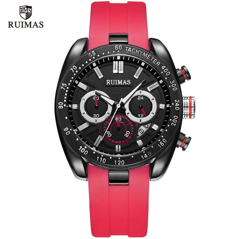 RN541G-Red RUIMAS Стильные кварцевые часы мужские Роскошные Силиконовые наручные часы хронограф маленькие циферблаты светящиеся часы Relogio Masculino 541 желтый - Цвет: RN541G-Red