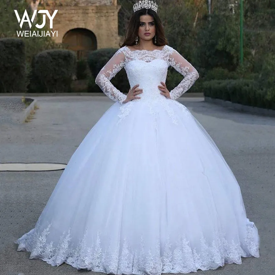 

Vestido De Noiva Boat Neck White Wedding Dresses With Long Sleeves Floor Length Robe De Mariee Lace Ball Gowns Bridal Dress