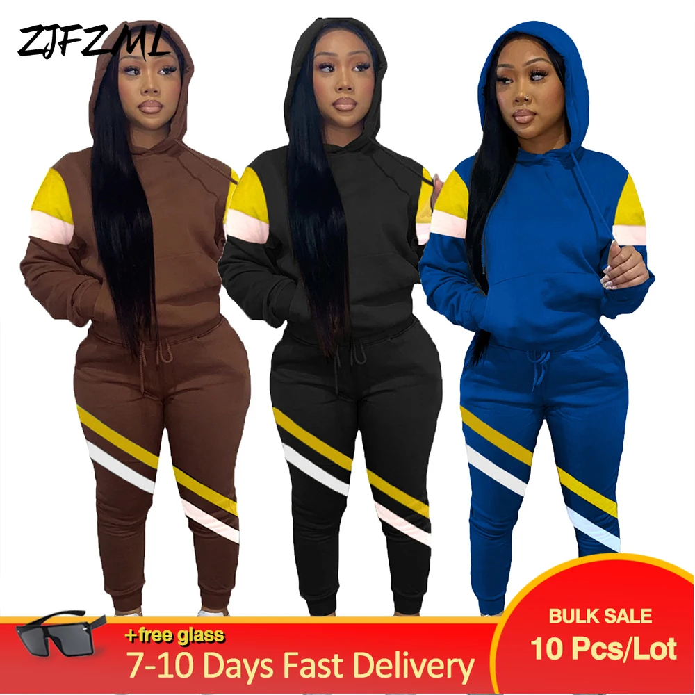 

Wholesale Bulk Items Lots Women Hoodies 2 Piece Pant Suits Active Wear Hooded Full Sleeve Sweatshirt + Striped Stitch Sweatpants