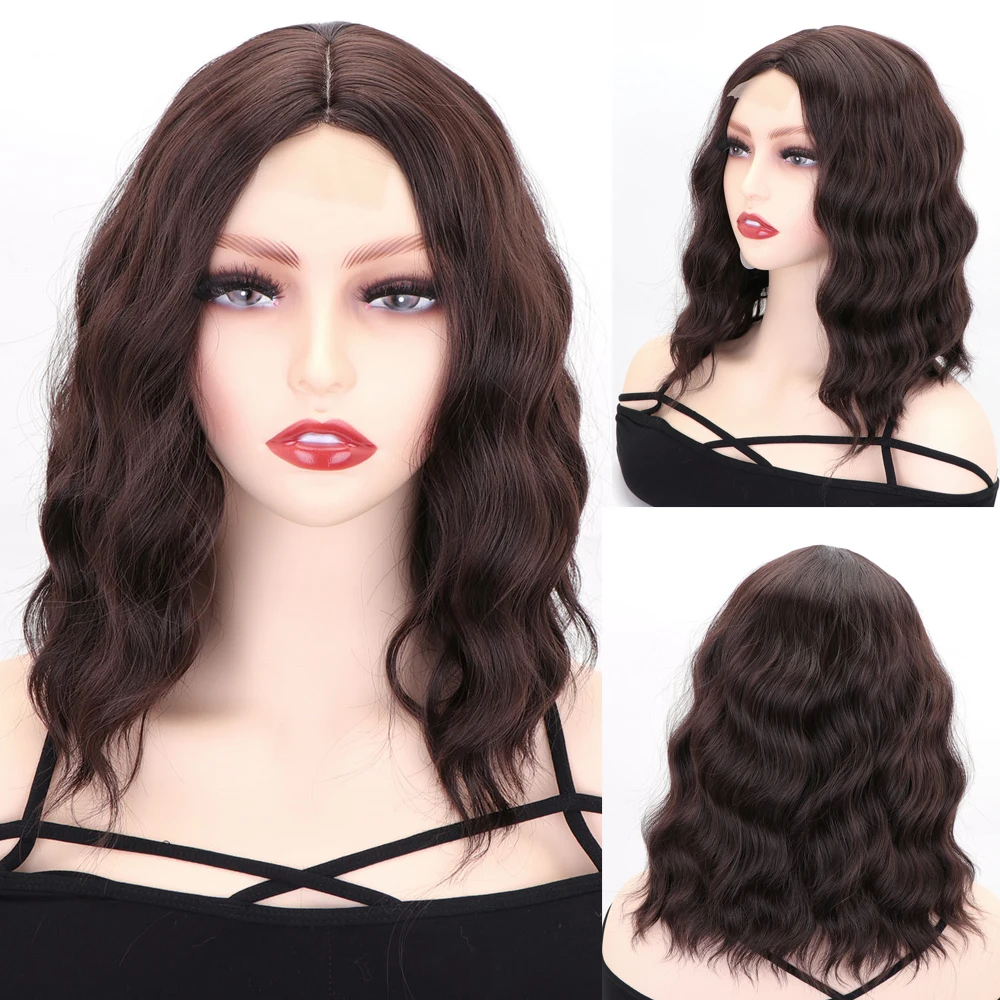 

JUNSI Hair Short Black Lace Wig Natural Wave Bob Wig Middle Part Heat Resistant Wavy Synthetic Wigs for Women 14inches