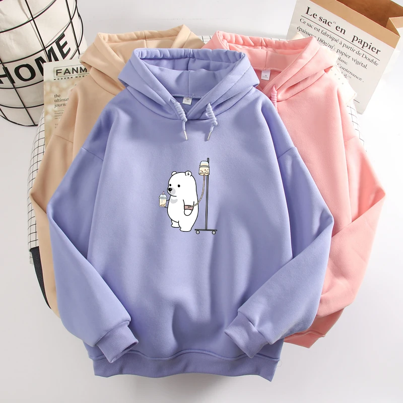 Cartoon Bear Print Sweatshirt Kpop Fashion Kawaii Graphic Warm Hoodies for Women Korean Style Long Sleeve Sweetshirt for Girls