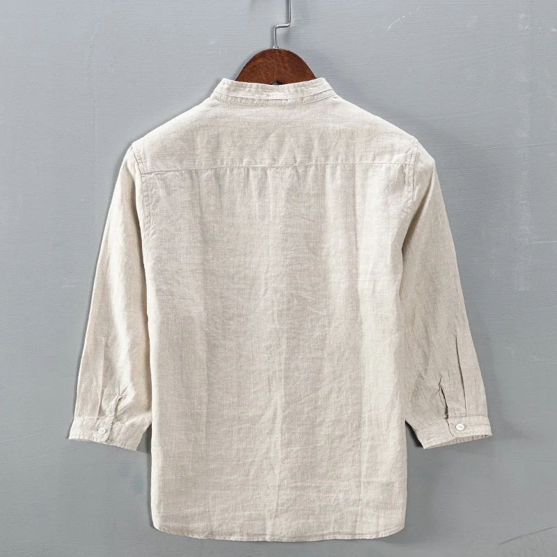 100% Linen three-quarter sleeve stand collr white shirt men casual brand shirts trendy breathable summer tops mens chemise