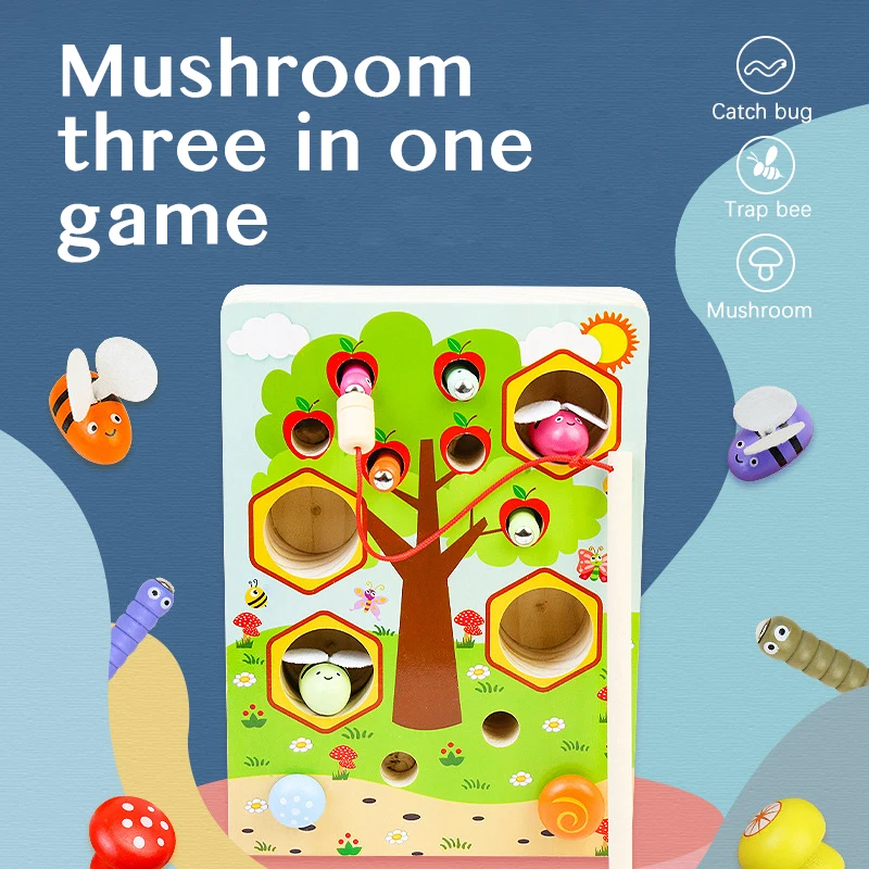 

Wooden 3D Puzzle Montessori Early Educatinal Learning Toys Interesting Catch Worm Small Bee Threading Fishing Games For Baby Kid