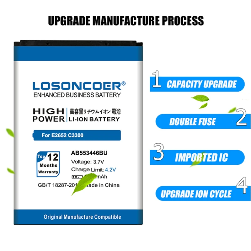 Аккумулятор LOSONCOER 2650 мАч AB553446BU для Samsung E2652 C3300 C3300K E2120 E3300 S5150 M3200 B100 L250 L258 M628 W539 X989 |