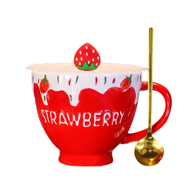 Чашка для овсяных хлопьев красная чашка завтрака Клубничная с крышкой ложка