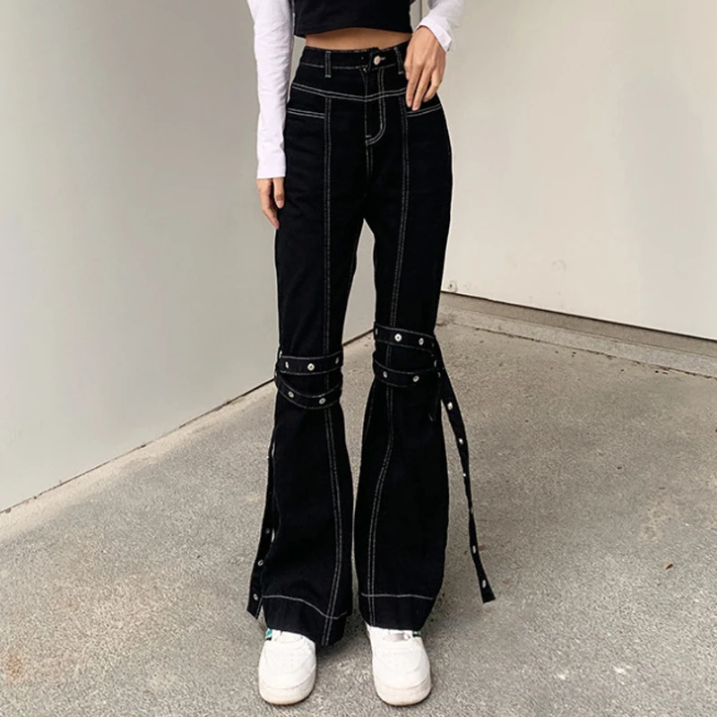 

Zoki Autumn Denim Jeans Women Bandage Casual Pants High Waist Jeans Hip Hop Black Rivet Trousers Street Wear Fashion New 2023