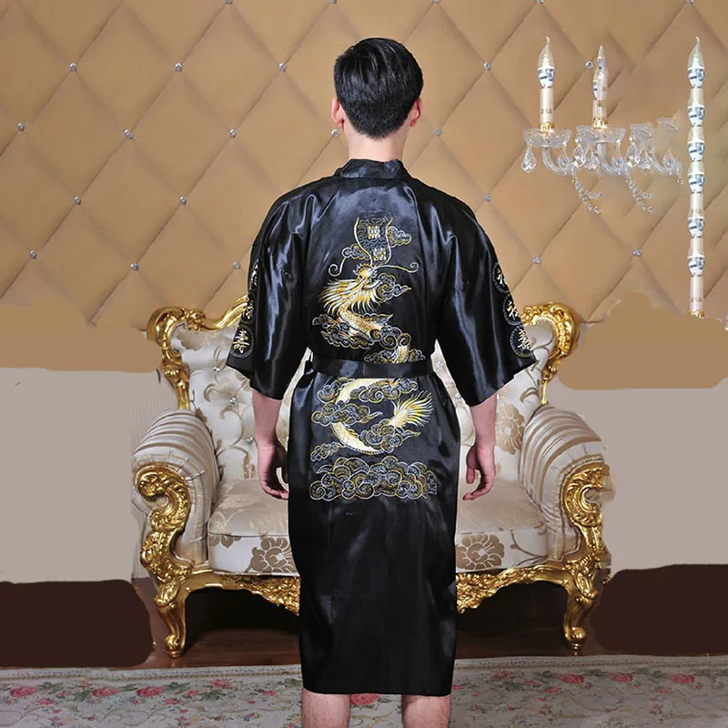 Black kimono 7 цветов традиционные японские кимоно с вышивкой в виде дракона халат Для мужчин ночная рубашка, юката атласные пижамы Для Мужчин's Quimono самурая мужской - Цвет: Black kimono