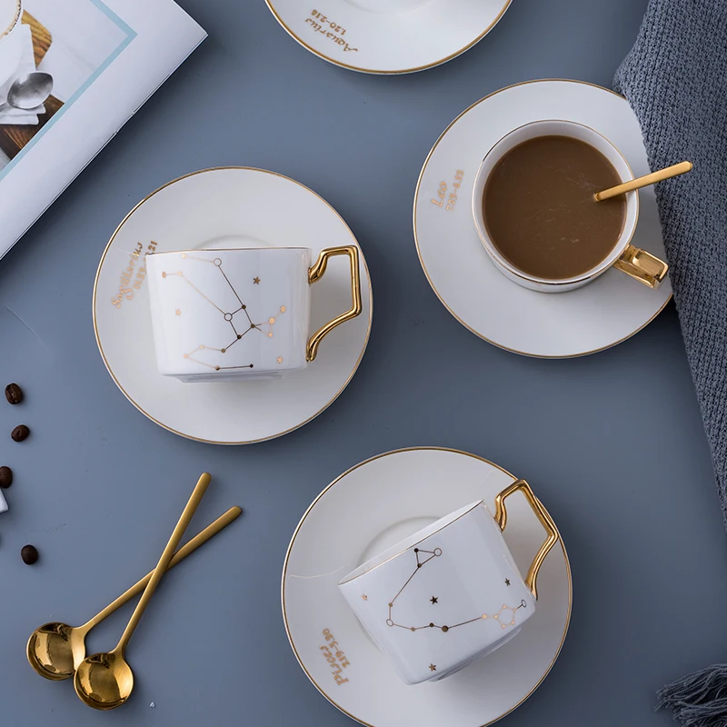 

12 zodiac coffee cup tea saucer white gold bone China tea cup stainless steel zodiac cup with spoon