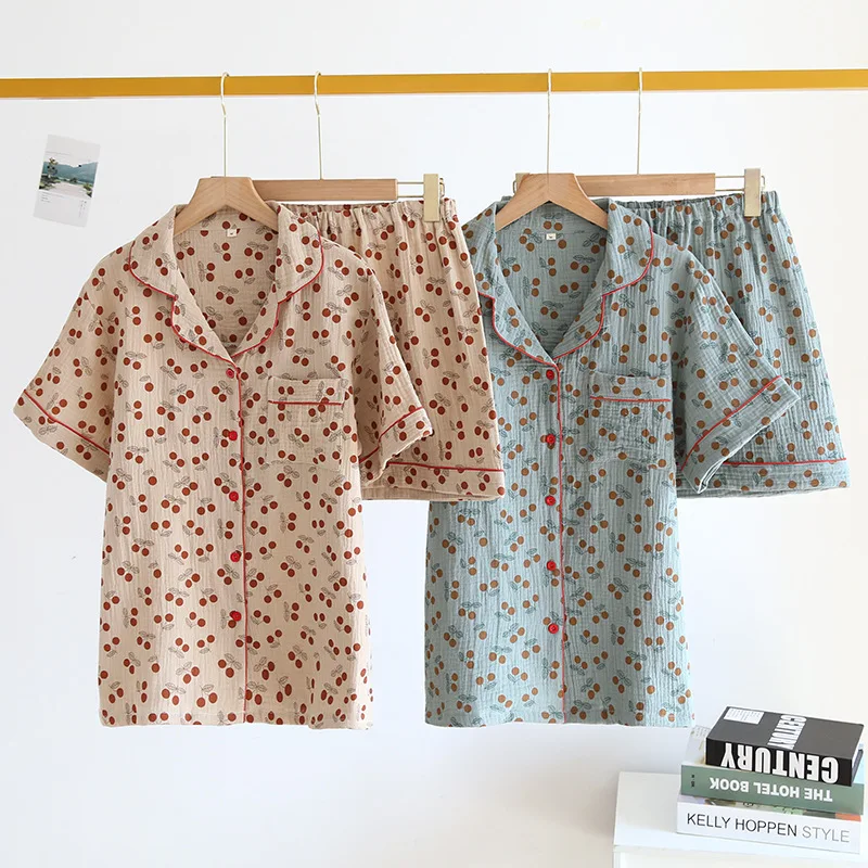 Women Cherry Print Cotton Pyjama Set Summer Loose Sleepwear Short Sleeve Tops+Shorts Homewear Casual Lingerie Loungewear Set