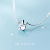 modian authentic 925 sterling silver cute unicorn crystal pendant necklace for women link chain necklace fine jewelry bijoux