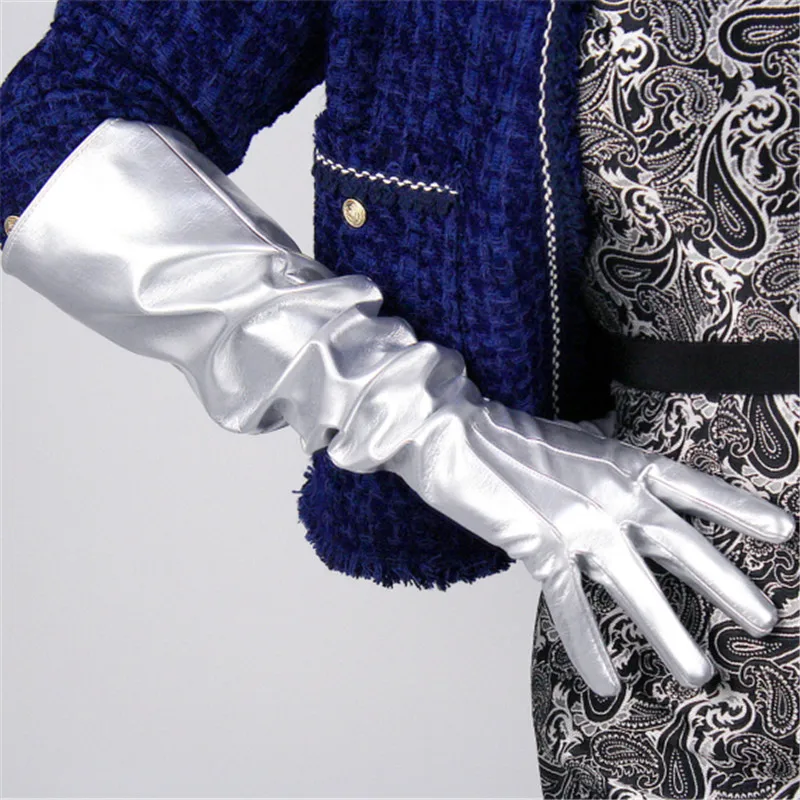 

50cm Patent Leather Long Gloves Female Large Sleeve Emulation Leather Puff Sleeve Bright Silver Female Male Free Shipping