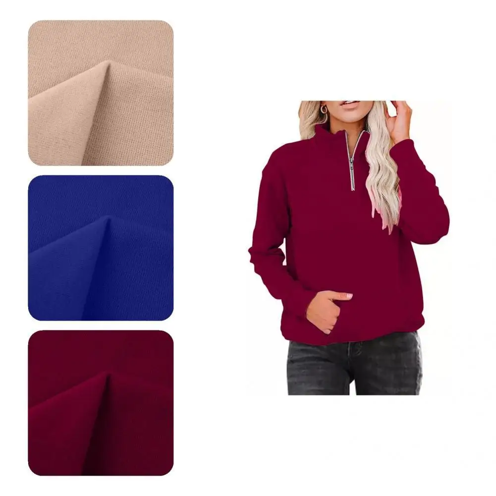 

Simple Women Sweatshirt Long Sleeve Cold Resistant Autumn Winter Stand Collar Zipper Neck Women Blouse