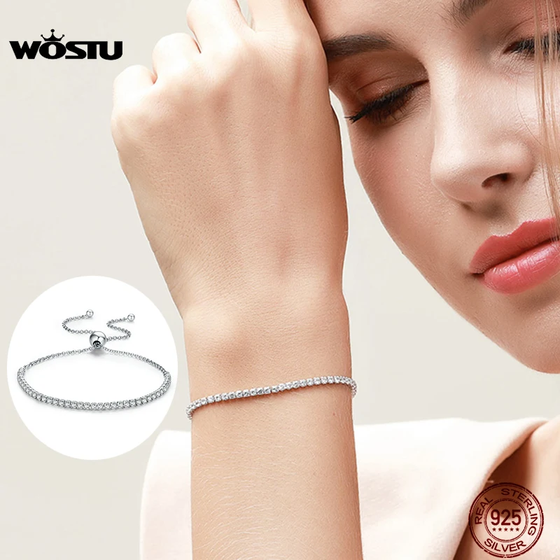 

WOSTU Top Sale Real 925 Sterling Silver Sparkling Strand Chain Bracelet For Women Fine Jewelry Lucky Gift CQB029