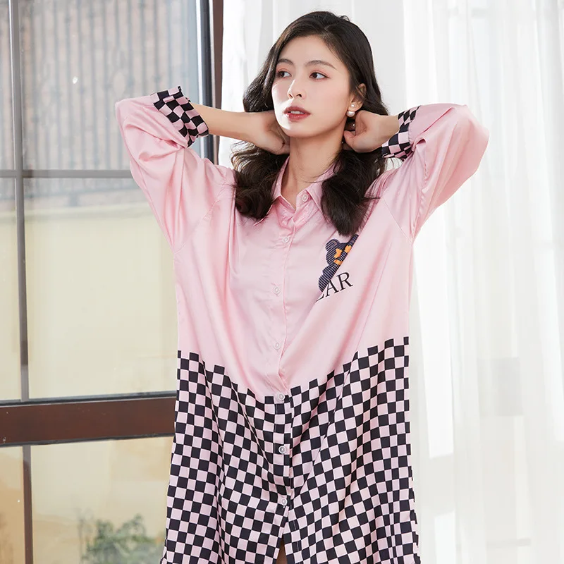 

Spring Summer Ladies Nightgowns Skirt Nightdress Long Sleeved Pink Satin Print Sleepshirts Women Sleepwear Femme Dress