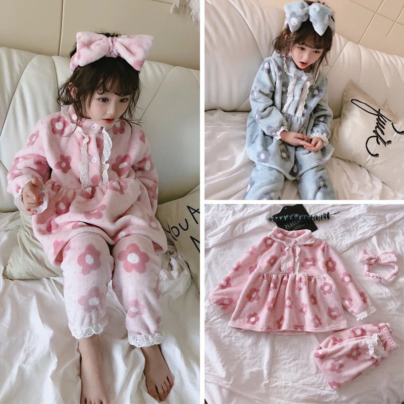 

2019 Winter Girls Warm Pajamas Sets Toddler Girl Cute Print Home Service Set Two-piece Sweet Lace Pajamas for Girl with Headband
