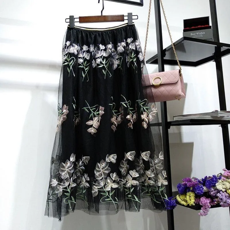 Юбка-пачка женская с цветочной вышивкой кружевная сетчатая элегантная фатиновая