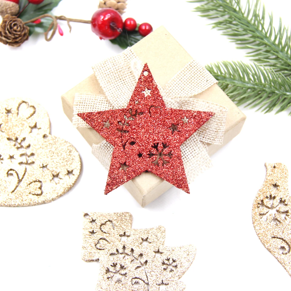 

4PCS 4Types Gold Powder Christmas Wooden Pendants Ornaments Home Party Decorations Tree Ornaments Hanging Decorations Kids Gifts