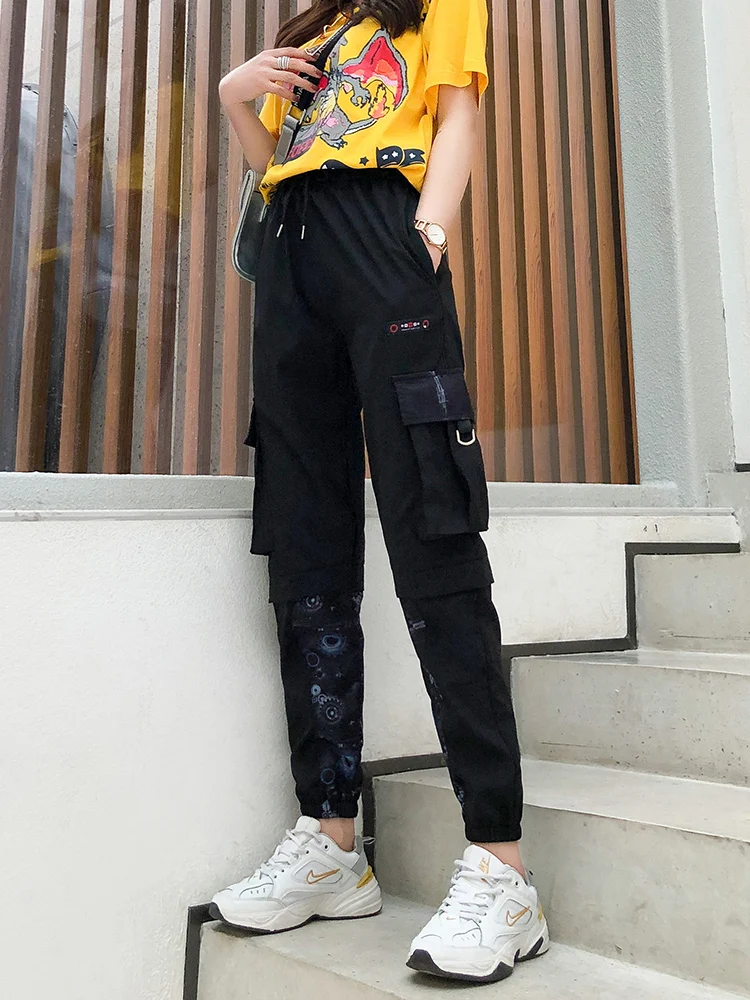 

streetwear lacing trousers pocket patchwork sweatpant Letter graffiti cargo pants Spring loose pants women new oversized