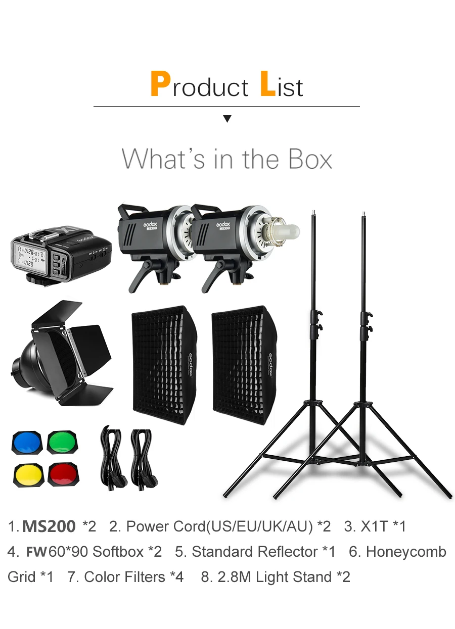 Godox MS200 400Ws 2x200 Ws Фотостудия вспышка освещение, софтбокс, 280 см осветительная стойка, дверь сарая, триггер, встроенные приемники вспышки