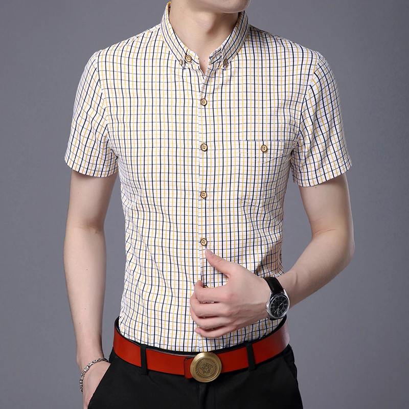

2021 Summer New Brand Button Down Checkered Slim Fit Men Shirts Korean Short Sleeve Plaid Casual Fashion Mens Designer Clothes