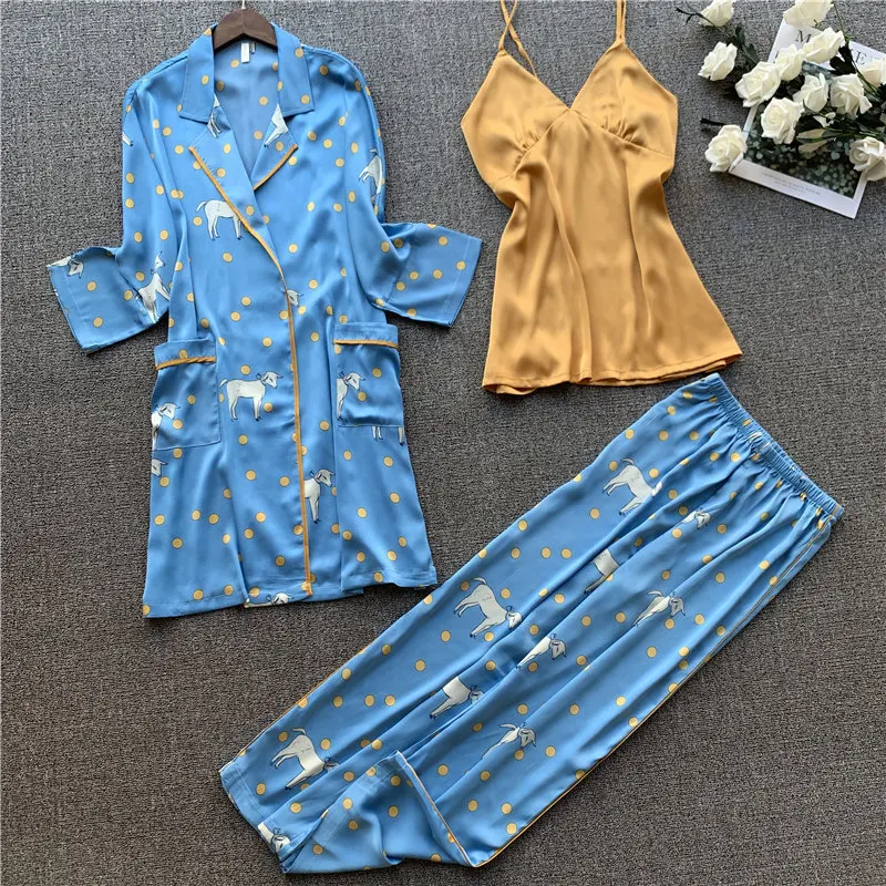 Ледяные шелковые женские пижамы 3 шт. модный пижамный комплект с принтом кардиган