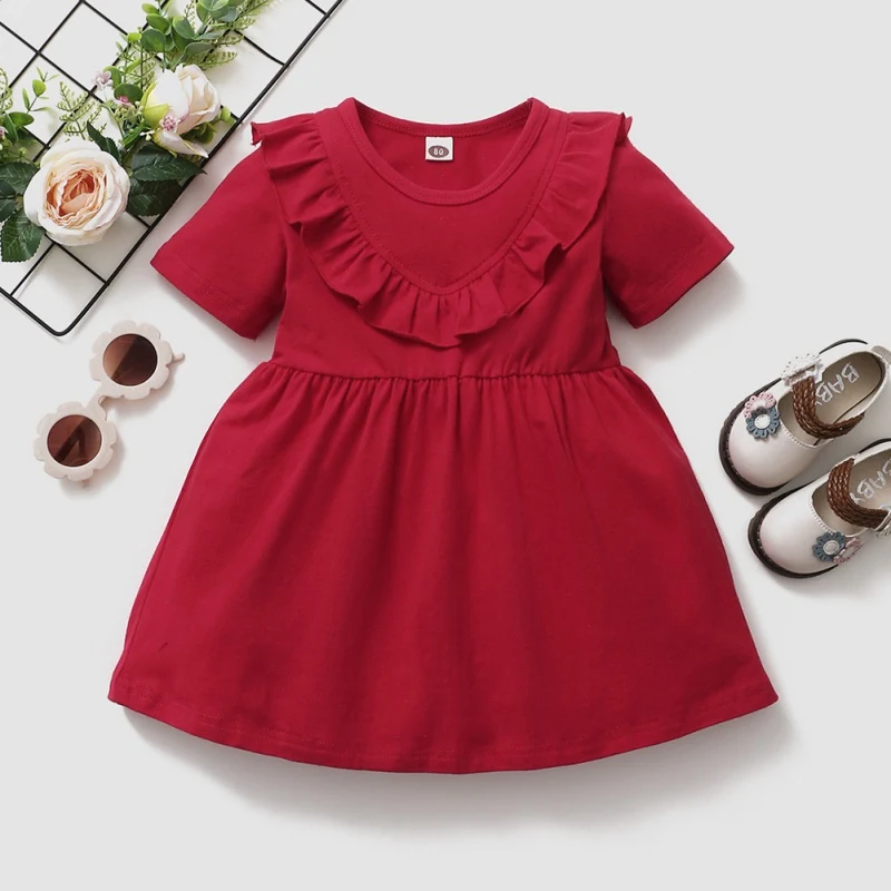 

Bobora Summer Children Kids Girls Sleeveless Ruffles Dress Solid Color Cotton Linen Dress Clothing