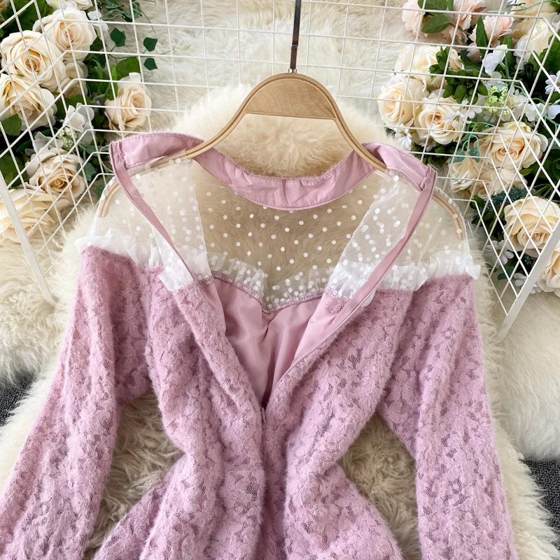 

Tender French Retro Patchwork Hollow-out Lace Dress Sweet Polka Dots Mini Dress TN1322