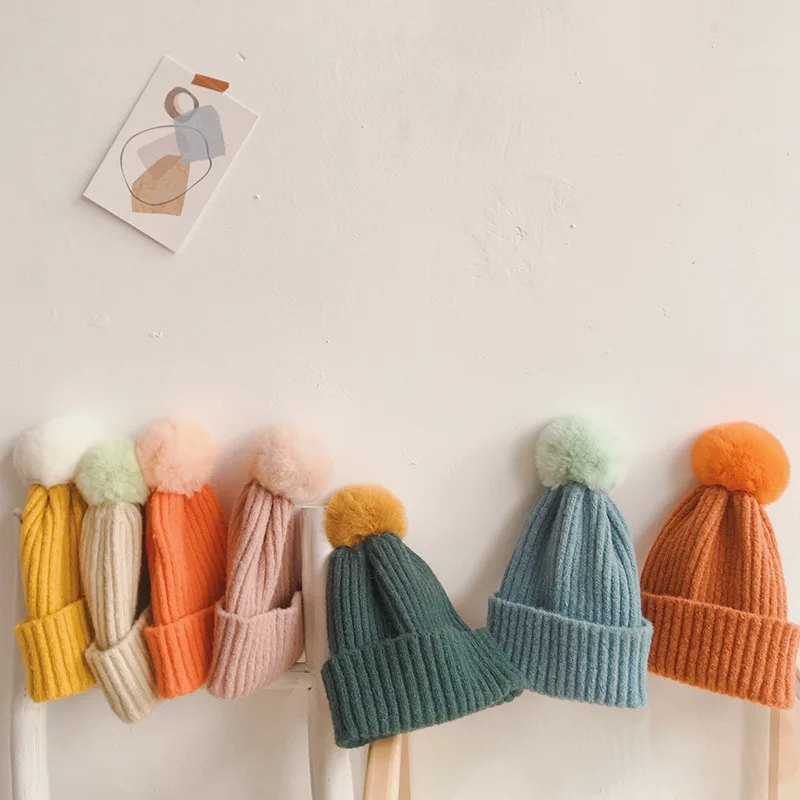 Gorro de punto con pomp&oacute;n para beb&eacute;, gorro c&aacute;lido para invierno, lana suave, Color s&oacute;lido, pomp&oacute;n de piel de conejo, 13 colores-1