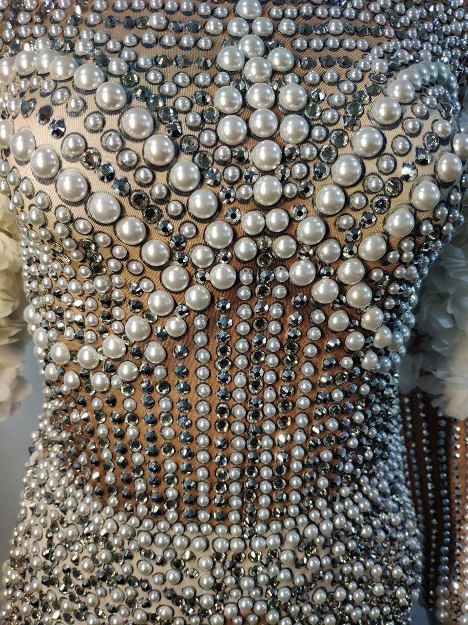 Роскошное боди Стразы с жемчужинами цветочным рукавом женский сексуальный певец