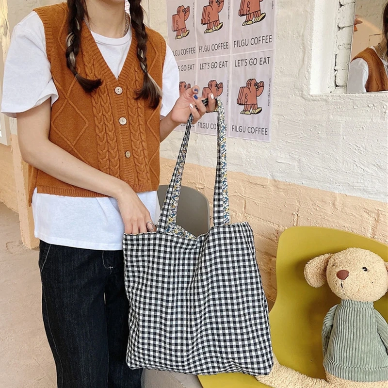 

Simple Food Picnic Travel Large Capacity Dual Use Shoulder Tote Bag Floral Plaid LX9F