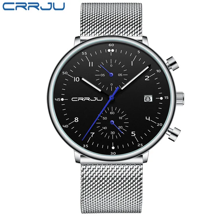 silver black Relogio masculino CRRJU лучший бренд класса люкс мужские наручные часы из нержавеющей стали мужские водонепроницаемые кварцевые часы с календарем и хронографом - Цвет: silver black