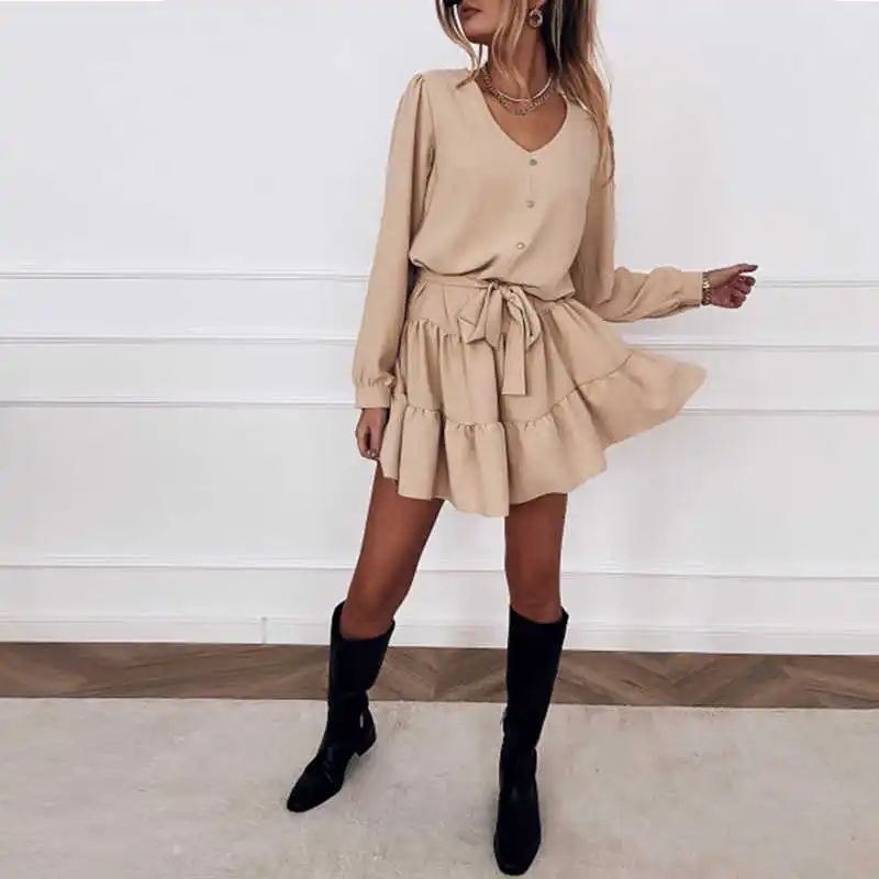 

Spring Long Sleeve Ruffles Dress For Women Solid V Neck Casual Loose Mini Dress Button Female Autumn A Line Office Vestidos