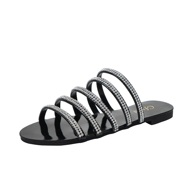 

Summer Women's Shoes Fashion Rhinestone Flat-heeled Women's Sandals Solid Color Word with Casual Flat Slippers