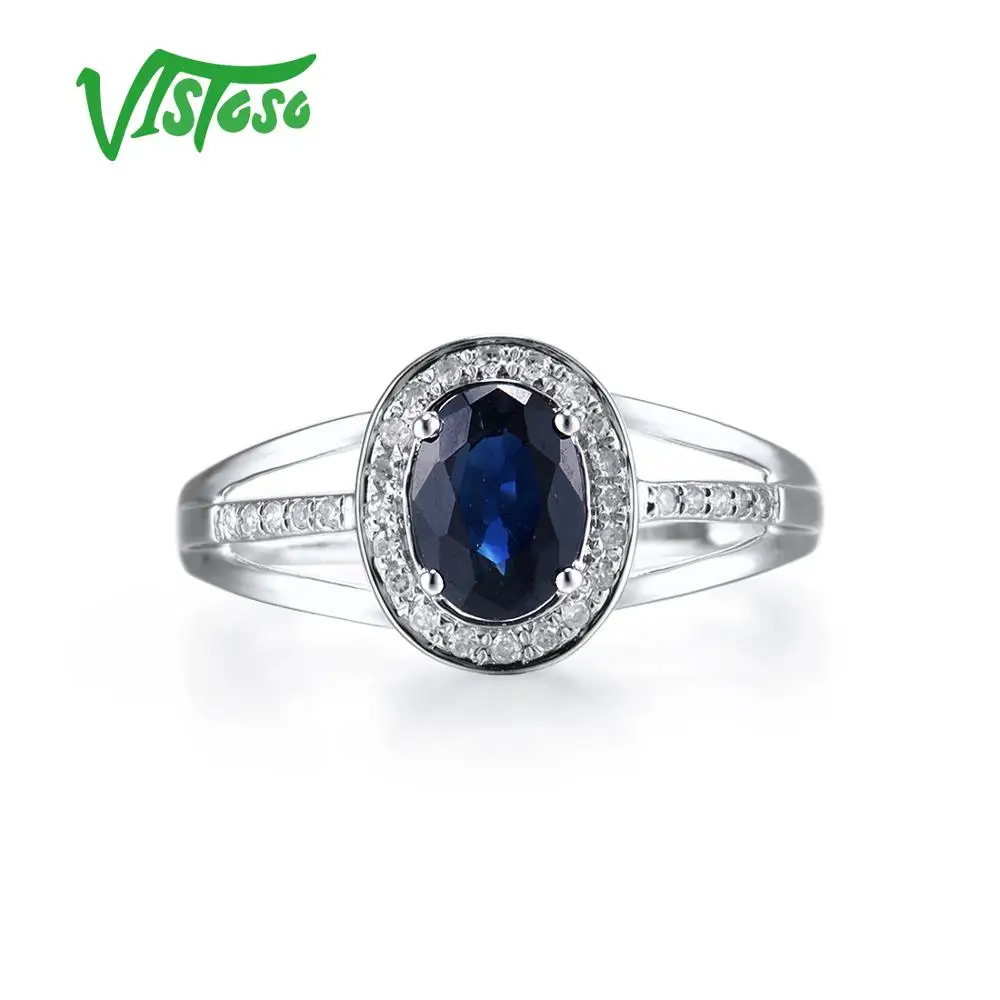 VISTOSO 14K White Gold Rings For Women Genuine Sparkling Diamond Fancy Blue Sapphire Engagement Anniversary Unique Fine Jewelry