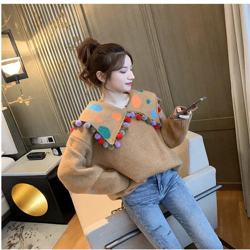 

Women Sweater 2020 Turn Down Pullover Collar Ball Chic Style Grey Brown Sueter Jumpers Warm Sweater Pull