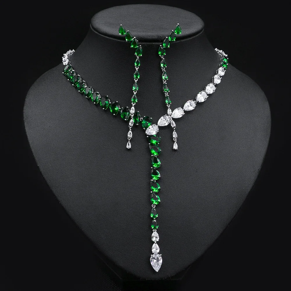 Conjunto de joyería para mujer, aretes colgantes de piedra CZ verde de lujo, collar de boda con borla larga, vestido de novia grande de Dubái