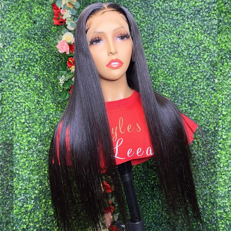 

26 дюймов 180% Плотность натуральные черные шелковистые прямые парики естественная линия волос бесклеевые кружевные передние парики для черн...