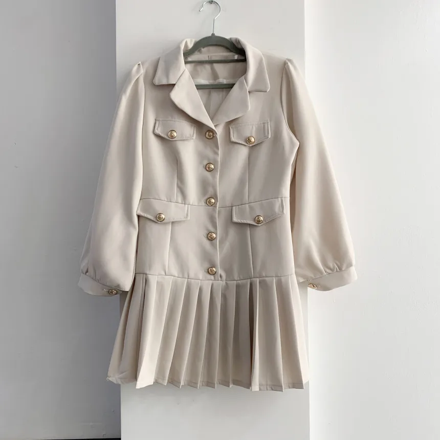 

Women Fashion Notched Collar Mini Dress 2021 Autumn Elegant Long Sleeve Single-breasted Casual Pleated Dress With Belt Female