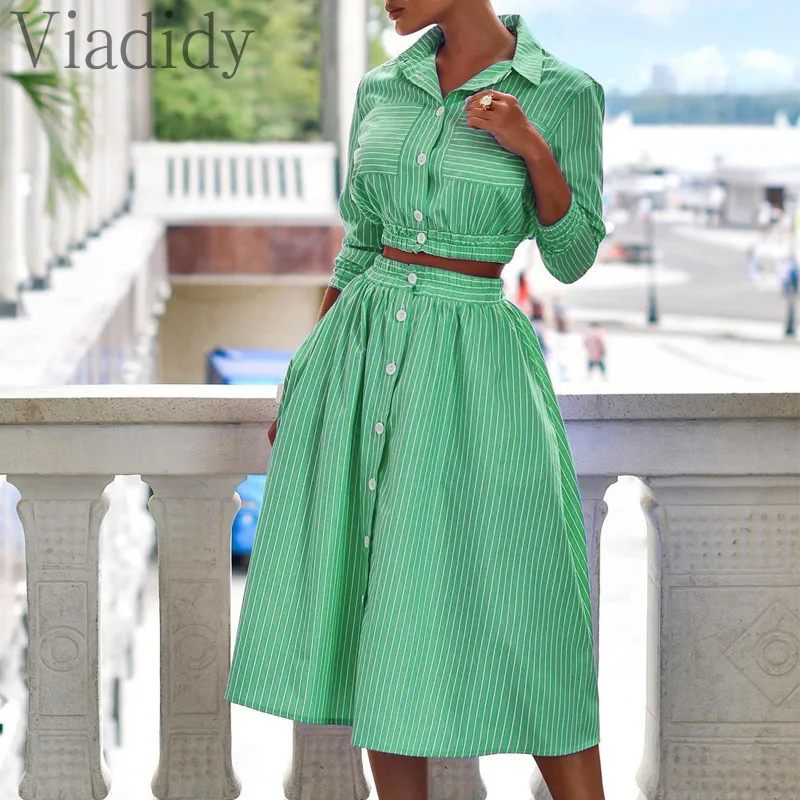 

Striped Print Button Detail Long Sleeve Shirt And A-Line Skirt Sets