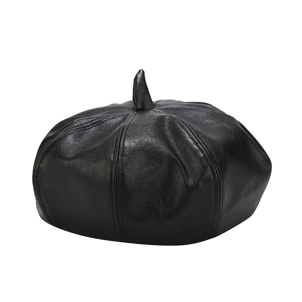 Однотонные кожаные зимние теплые шапки модные в стиле милитари женские