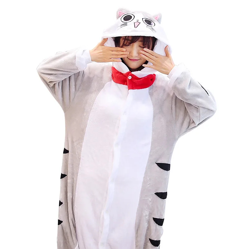 Kigurumi Pajama Chis Cat Sweet Home Adult Animal Cartoon Hooded Onesie Women Men Couple 2019 Winter Sleepwear Flannel Pijamas