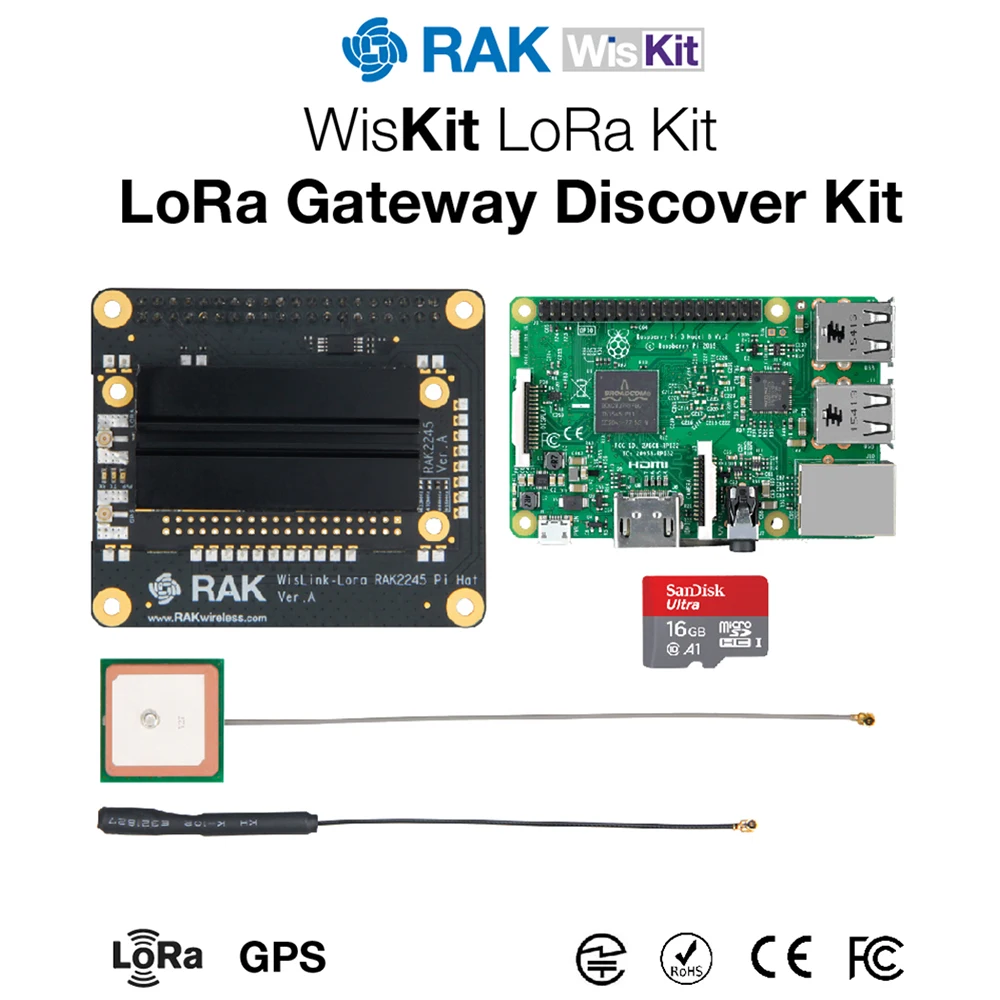 WisKit LoRa Gateway Discover Kit RAK2245 Pi HAT & Raspberry 3B + с GPS модулем 16 ГБ TF карта приложение LoRaWAN Q197| |