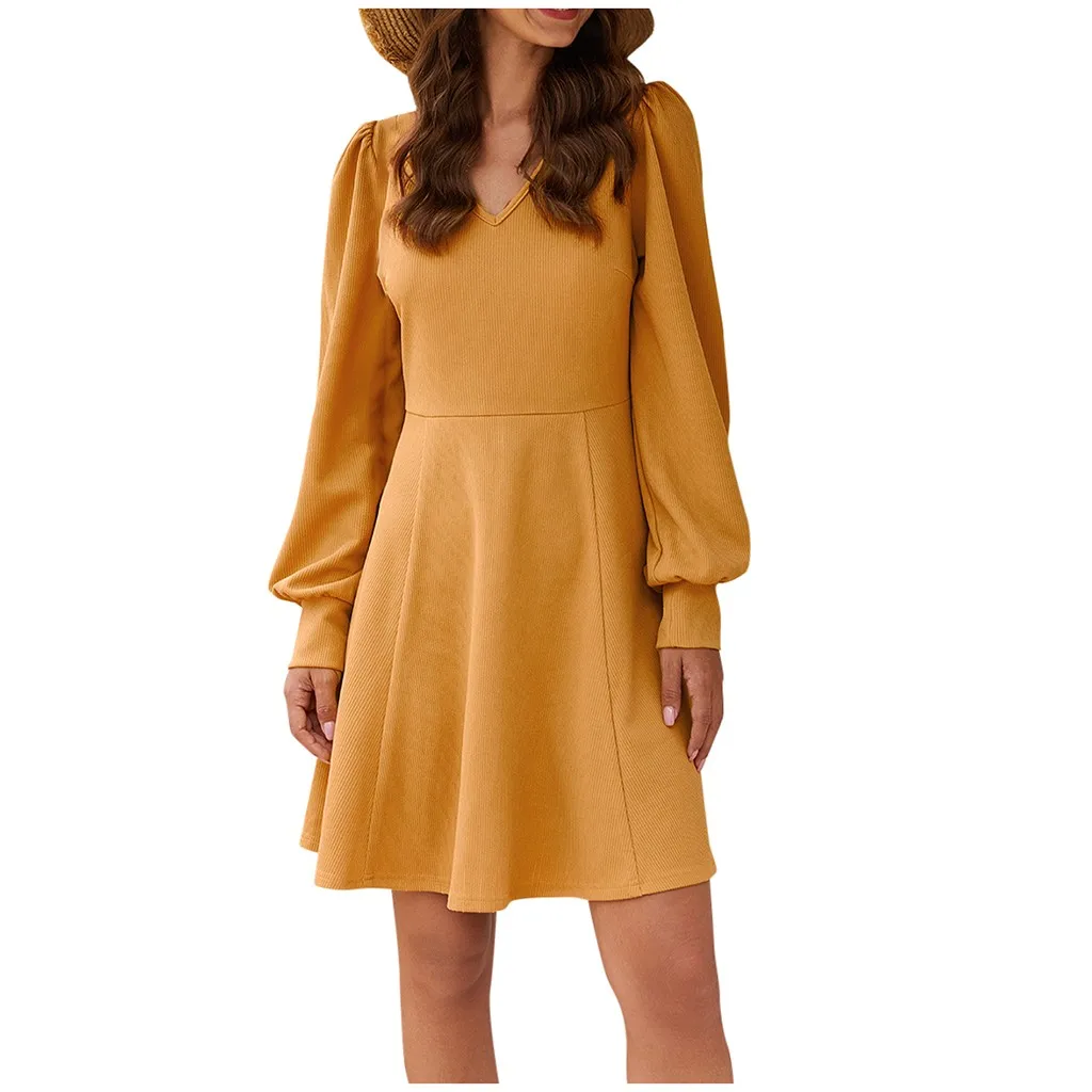 Женское асимметричное платье с длинным рукавом повседневное однотонное V