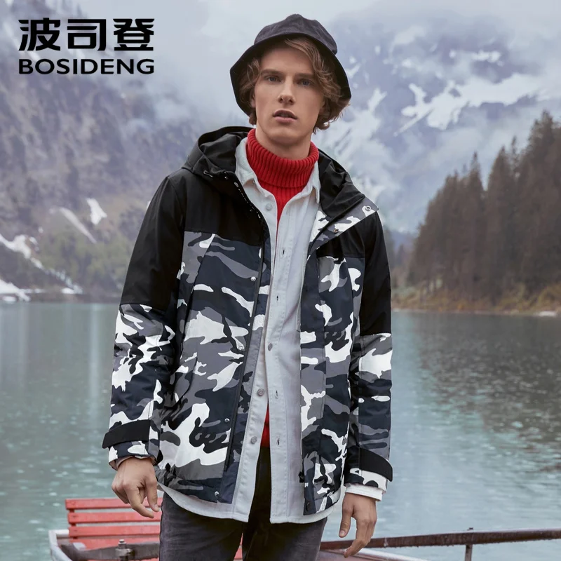 Мужская куртка с капюшоном BOSIDENG теплая средней длины на гусином пуху пальто для