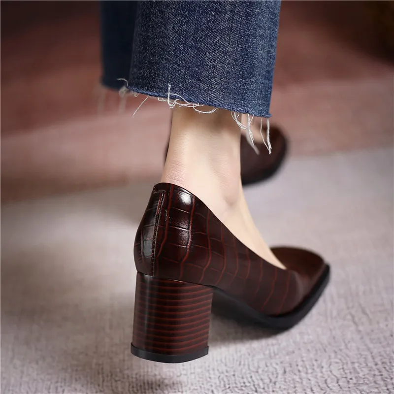 

MORAZORA 2021 Genuine Leather Women Pumps Thick Heels Square Toe Fashion Office Dress Shoes Summer Shallow High Heels Shoes