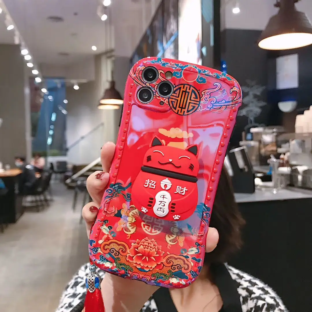 blu ray tpu lucky cat cute cartoon mobile phone case for iphone 11 12pro 11promax xs xr drop protection cover with bracket free global shipping